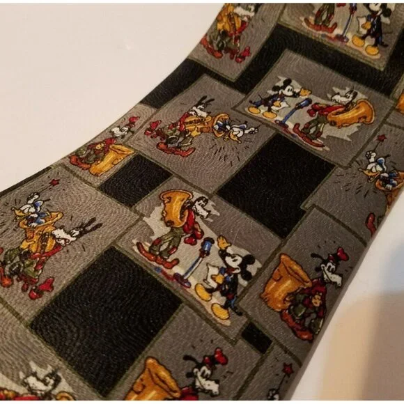 Mickey Unlimited Disney Micky Mouse Checked Black Gray Character Necktie Music - Picture 2 of 5